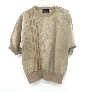 Vintage Suzelle Beige Cotton Mixed Media Knit Short Sleeve Top Women's Medium